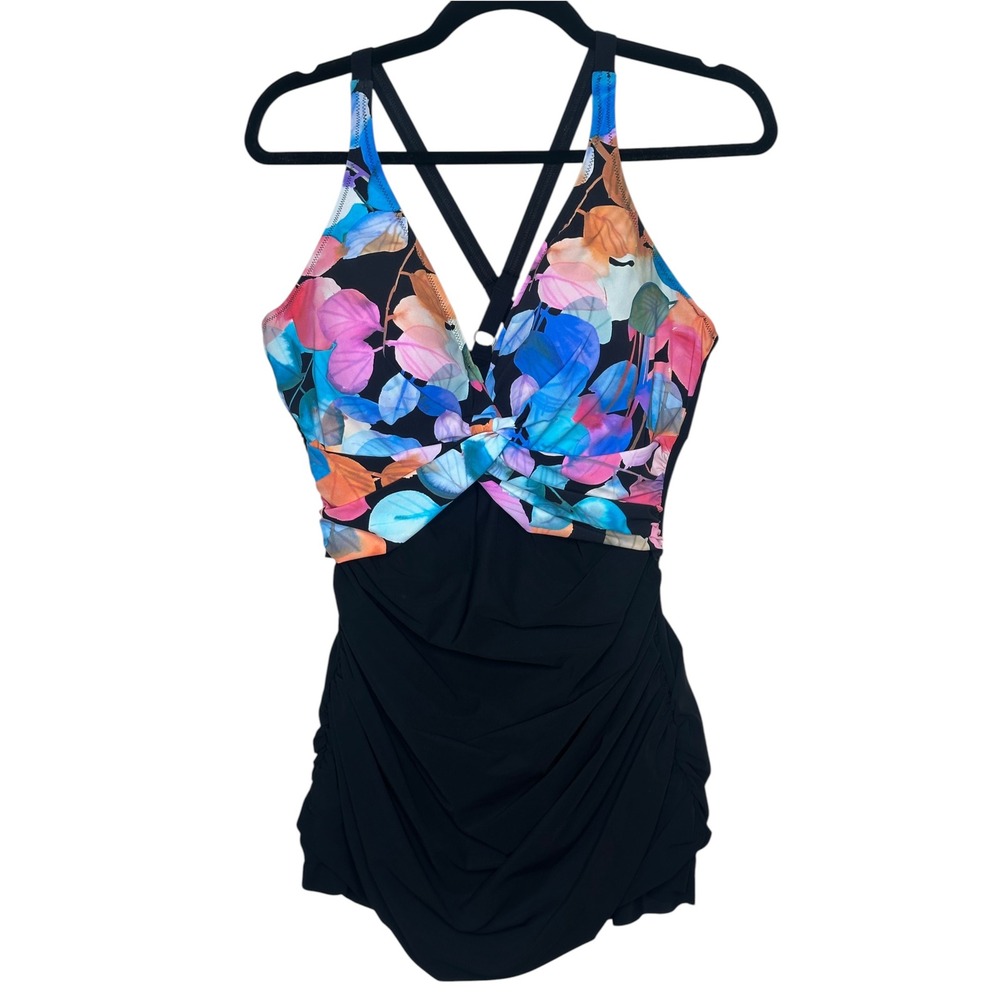 Profile Gottex Swimdress 20W Black Floral Twist Front Ruched One Pc Color Rush